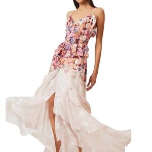 NWT $312 Elliat Perla Pink Floral Jacquard Tiered High-Low Maxi Dress Size M